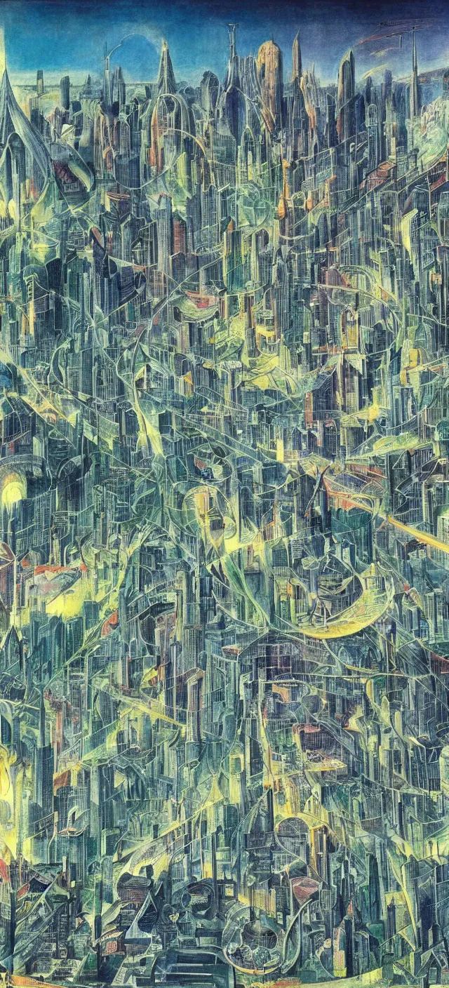 Prompt: a futuristic cityscape by william blake, colorful, wide greenways, half sky half city