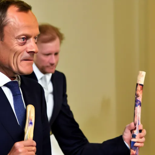 Image similar to donald tusk with wand in hand dressed like harry potter forehead scar magic
