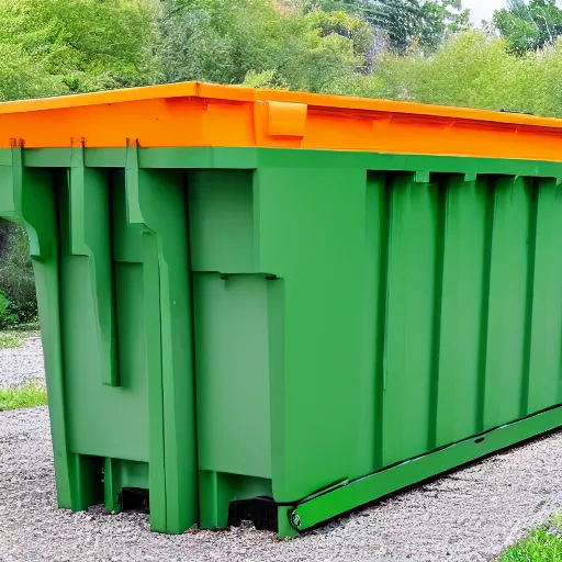 Prompt: gigantic 3 0 foot long rectangular green contractor dumpster side view, wide shot