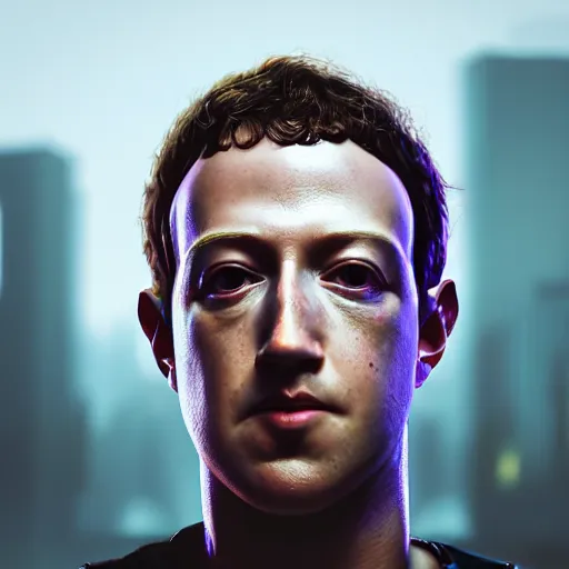 Prompt: cyberpunk mark zuckerberg dramatic self portrait, macro, vibrant, 30mm photography, gta artstyle, wide shot, dramatic lighting, octane render, hyperrealistic, high quality, highly detailed, artstation, HD, beautiful, cinematic, 8k, unreal engine, facial accuracy, symmetrical