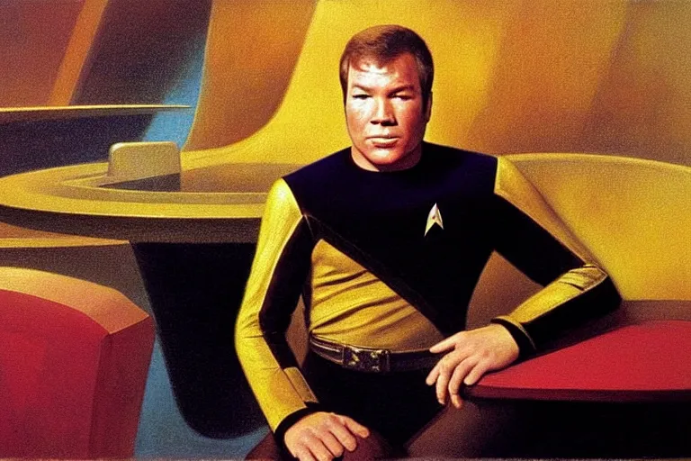 Image similar to young captain kirk ( william shatner ), the handsome captain from star trek, in his gold uniform, sitting in the captain ’ s chair on the bridge of the starship enterprise. he looks smug. oil painting in the style of edward hopper and ilya repin gaston bussiere, craig mullins. warm colors. detailed and hyperrealistic.