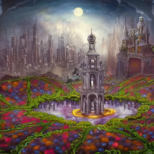 Image similar to city in a giant ring of petals, steampunk, fantasy art, sky in the background, detailed, behrens style