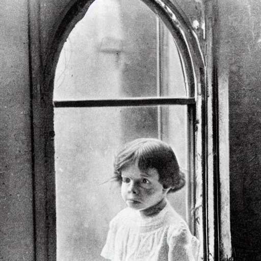 Image similar to an old photograph of a victorian child peering from a window in an abandoned mental asylum