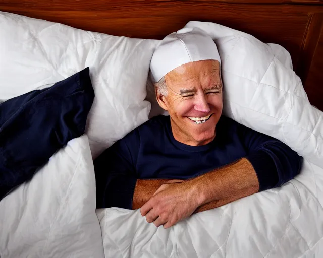 Image similar to comfy joe biden sleeping in big comfy bed under the covers with bedcap on