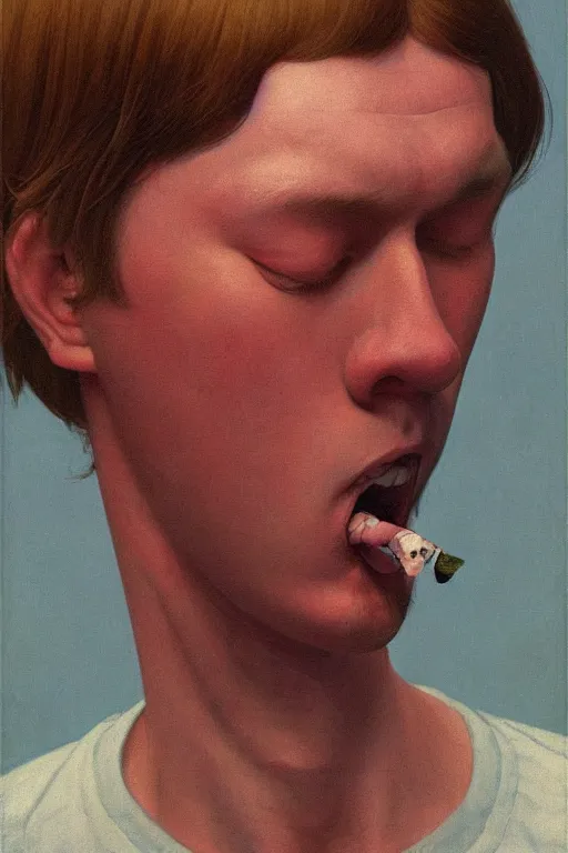 Prompt: a closeup portrait of a young icelandic man licking a blotter paper of LSD acid on his tongue and dreaming psychedelic hallucinations, by kawase hasui, moebius, Edward Hopper and James Gilleard, Zdzislaw Beksinski, Steven Outram colorful flat surreal design, hd, 8k, artstation