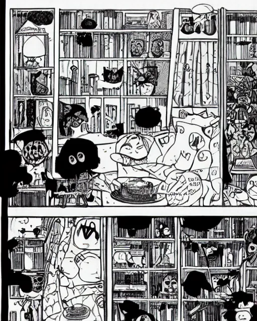 Image similar to three panels from junji ito's 'house in the style of a black cat', full width, action shot, first person, manga