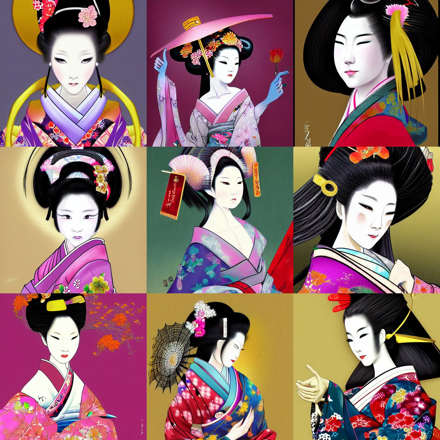 Prompt: digital painting of a beautiful geisha by yoshitaka amano