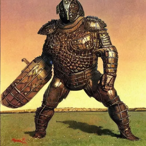 Prompt: giant haystacks in scifi warrior metal armour, by norman rockwell and boris vallejo