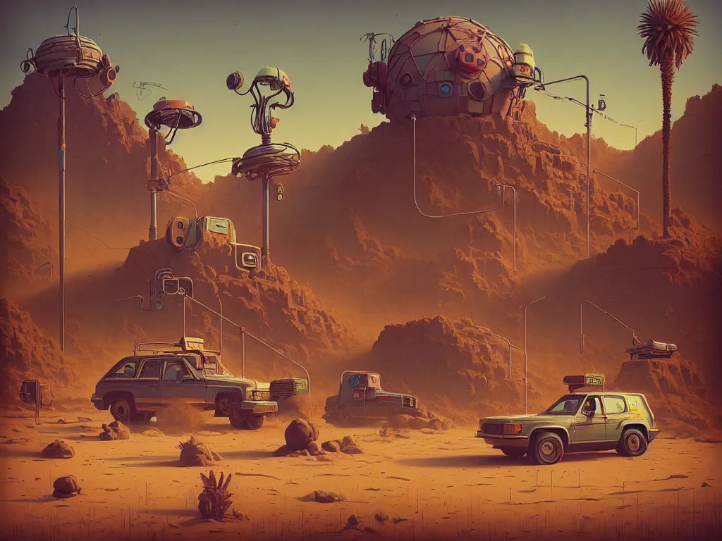 Image similar to 80s outdoor retro arcade, desolate, desert vegetation:: Simon Stålenhag and beeple and James Gilleard and Justin Gerard :: ornate, dynamic, particulate, intricate, elegant, highly detailed, centered, artstation, smooth, sharp focus, octane render, 3d