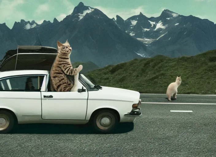 Image similar to A very high resolution image from a new movie, a cat driging around, inside of a car , mountains, Polaroid, directed by wes anderson