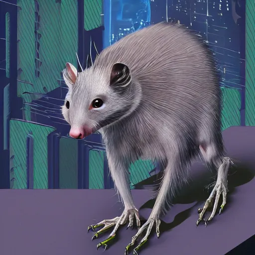 Image similar to highly detailed possum lost in the jungle at night, cyberpunk, isometric, highly detailed digital art