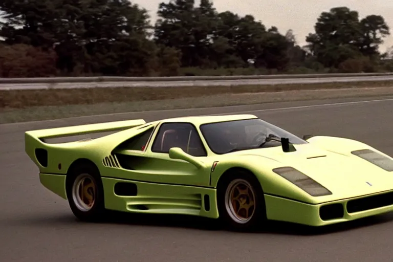 Prompt: vintage archival race footage of a single 1995 Ferrari F40, with elements of the De Tomaso Pantera, Lotus, GT40, BMW M1, and Countach, movie still, speed, cinematic Panavision 5384 film