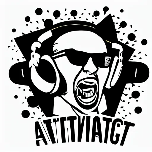 Image similar to svg vector sticker of absolutely insane-mad-scientist-villain, rocking out, wearing headphones, huge speakers, dancing, rave, DJ, spinning records, digital art, amazing composition, rule-of-thirds, award-winning, trending on artstation, featured on deviantart