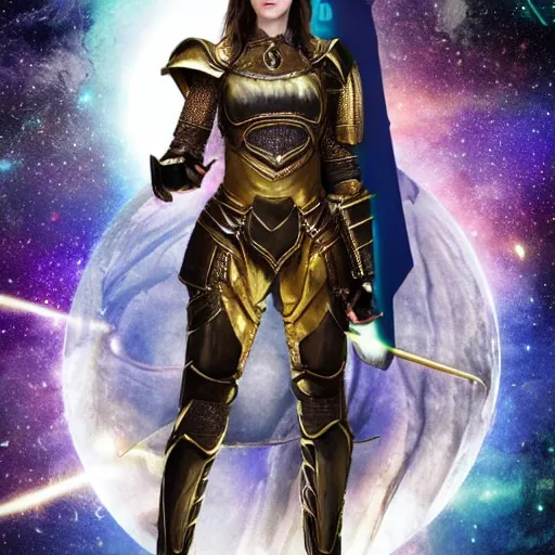 Image similar to full body photo of alexandra daddario as a warrior with galaxy coloured armour