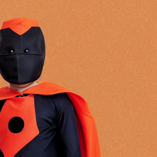 Image similar to an orange fruit character, little black eyes, wearing a superhero cape