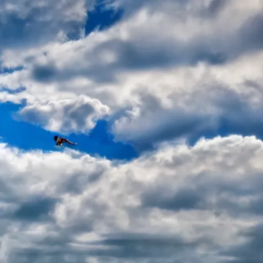 Image similar to hyper realistic photo of swimmer swimming in the clouds