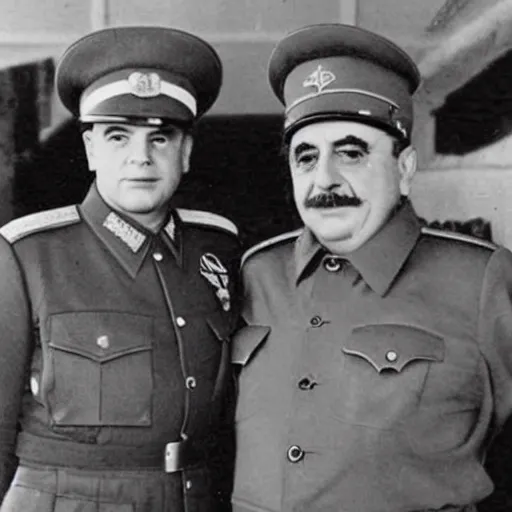 Image similar to 1942 photograph of Danny DeVito in a Soviet officer's uniform standing next to Joseph Stalin