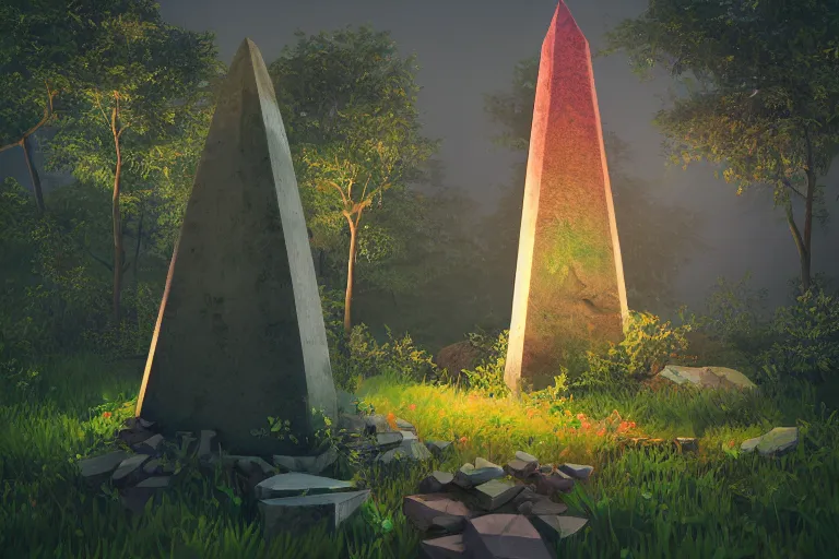 Image similar to super detailed color lowpoly art, thick overgrown forest grove, ancient stone obelisk featuring subtle glowing magic runes, emitting soft nature magic particles, unreal engine, retrowave color palette, 3 d render, lowpoly, colorful, digital art, perspective