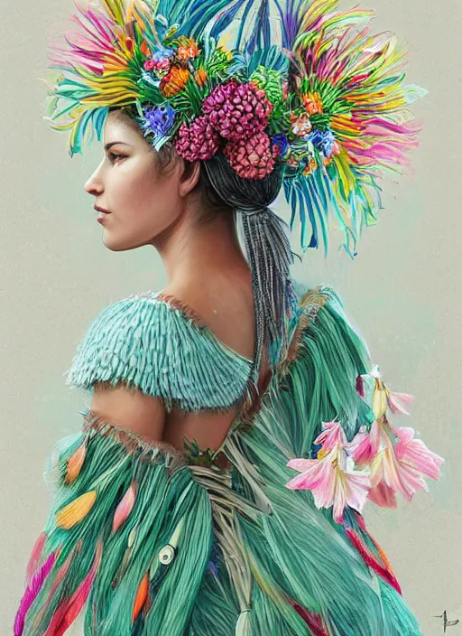 Image similar to beautiful portrait of a mediterranean female wearing fantastic Hand-dyed cotton dress, embellished beaded feather decorative fringe knots ,colorful pigtail,subtropical flowers and plants,symmetrical face,intricate,elegant, highly detailed, 8k,post-processing,digital painting, trending on artstation, concept art, sharp focus, illustration, by artgerm,Tom Bagshaw,Daniel Gerhartz,Albert Aublet,Lawrence Alma-Tadema,Maria Mirage