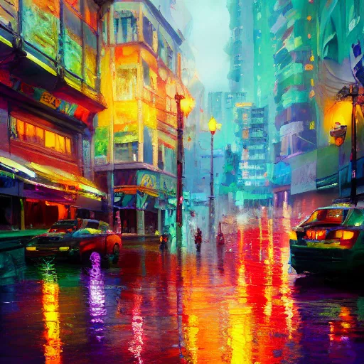 Image similar to acrylic painting, impressionism and expressionism, strong emotional impact, bold pastel colors, spring day, expressive brushstrokes, puddles, an art deco streetscape lined with beautiful flowers, by liam wong and tyler edlin, trending on artstation