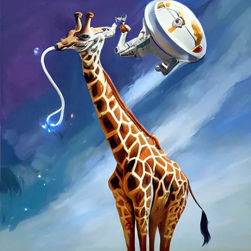 Image similar to a giraffe dressed like an astronaut drinking tea with queen isabel, trending on artstation, art by greg manchess, guangjian, detailed digital art, artstation hd