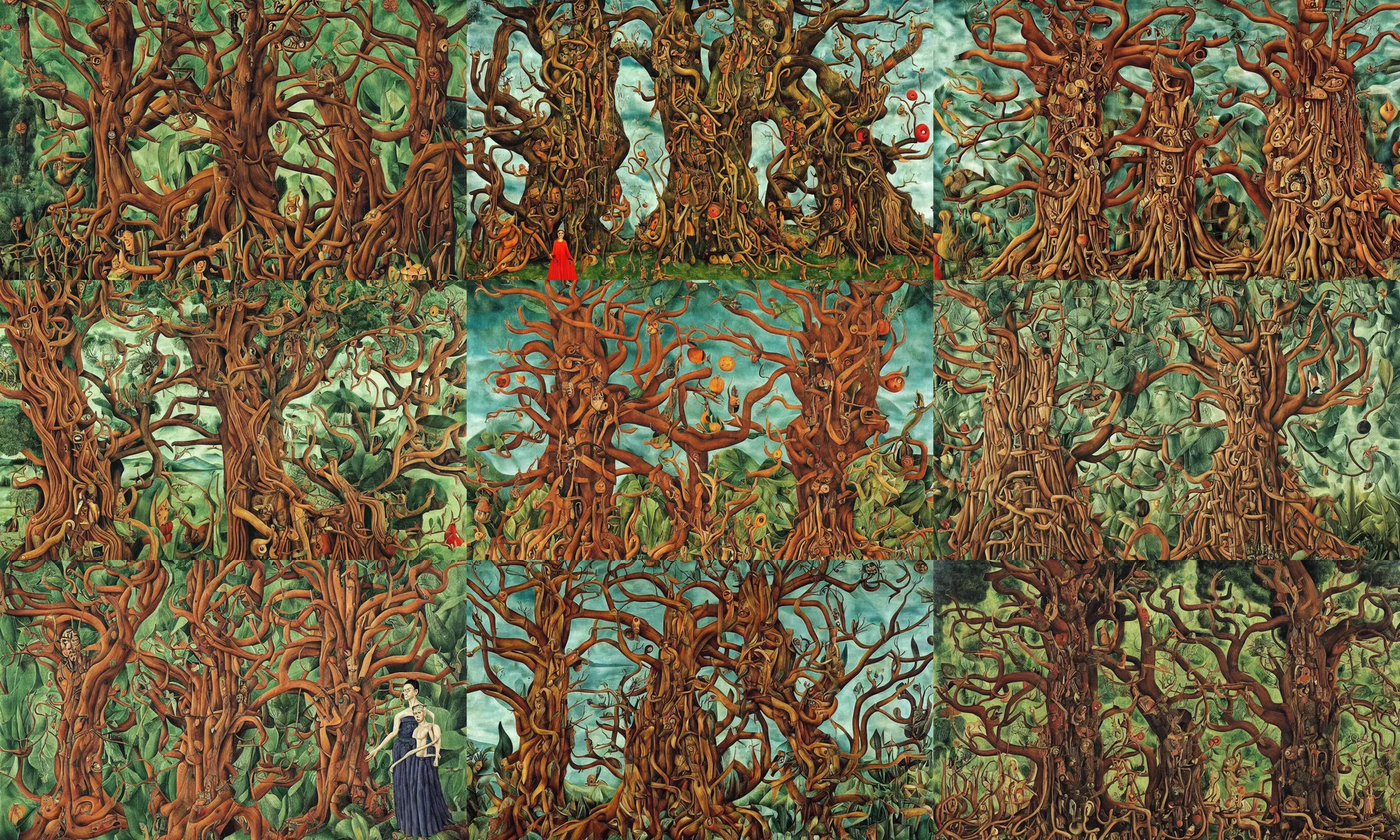 Prompt: an incredibly detailed masterpiece painting of a giant tree by bosch and frida kahlo and dali, ornate, beautiful, bold colors, detailed, high resolution, wow!, intricate