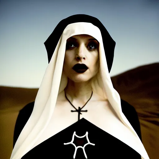 Prompt: photographic portrait of a stunningly beautiful goth nun female in soft dreamy light at sunset, contemporary fashion shoot, by edward robert hughes, annie leibovitz and steve mccurry, david lazar, jimmy nelsson, breathtaking, 8 k resolution, extremely detailed, beautiful, establishing shot, artistic, hyperrealistic, beautiful face, octane render