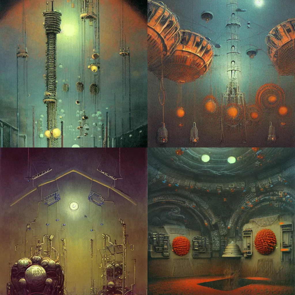 Prompt: detailed painting of a satellite stations, exterior, hr giger floral ornaments, volumetrics lights, beam of bright lights through the clouds, beksinski, bougeureau
