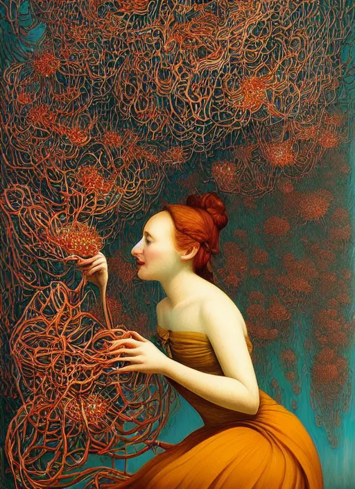 Image similar to hyper detailed Oil painting - Ada Lovelace Eats of the Strangling Fruit and her gossamer polyp blossoms bring iridescent fungal flowers whose spores black the foolish stars by Jacek Yerka, Mariusz Lewandowski, Abstract brush strokes, Masterpiece, Edward Hopper and James Gilleard, Zdzislaw Beksinski, Mark Ryden, Wolfgang Lettl, hints of Yayoi Kasuma