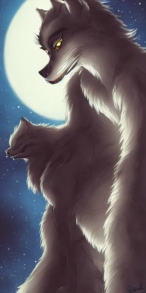 Image similar to a beautiful female werewolf at night, kawacy, backlighting, furry art