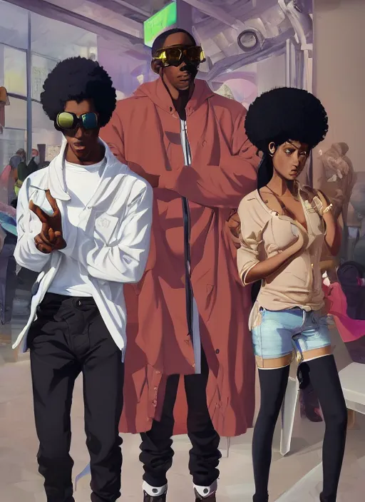 Prompt: afro - futurist gangstas, lavish lifestyle and money, fashionable, jacking the metaverse | hyperrealistic oil painting | by makoto shinkai, ilya kuvshinov, lois van baarle, rossdraws | afrofuturism, in the style of boondocks, trending on artstation | dark color scheme