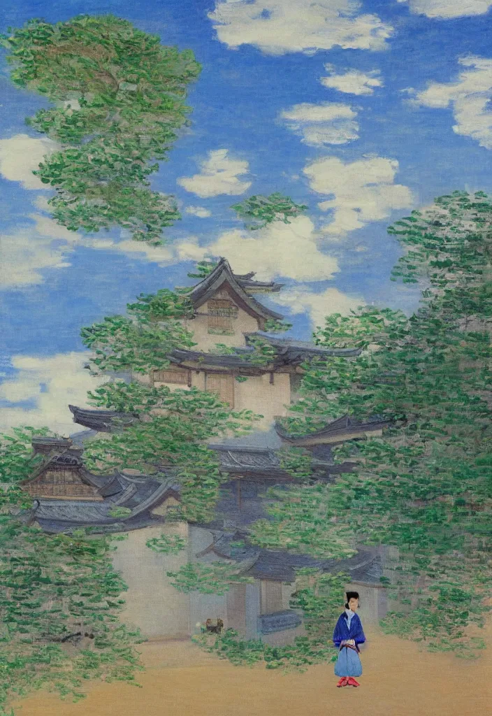 Prompt: tiny samurai in front of a futuristic japanese country side landscape, edo era house in the background, blue sky, magnificient clouds, lofi vibe, vivide colors, amazing light, really beautiful nature, oil painting, impressionist style, by claude monet, by ghibli, by kandinsky, multiple brush strokes, masterpiece