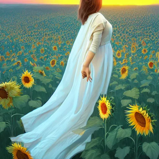 Image similar to Bedsheet Ghost in a field of sunflowers, sunset, highly detailed, digital painting, artstation, concept art, smooth, sharp focus, illustration, art by artgerm and greg rutkowski and alphonse mucha