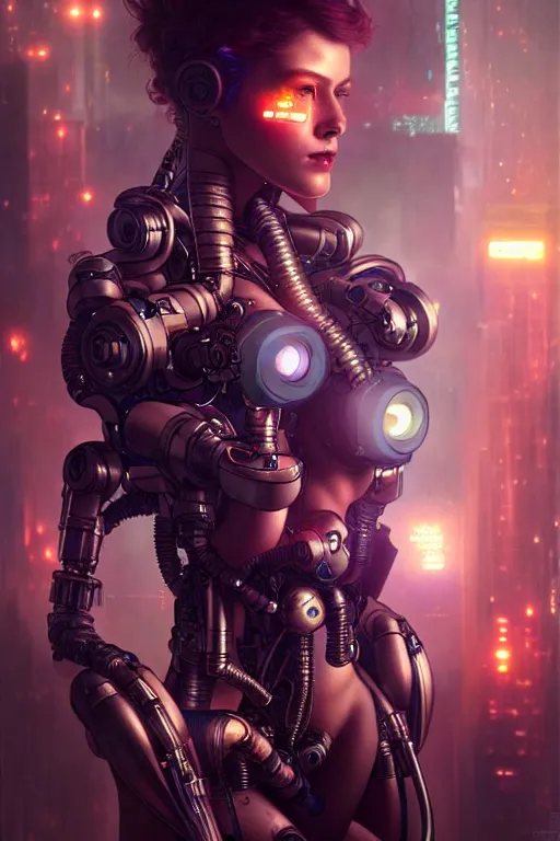 Image similar to ultra realistic, beautiful female cyborg in a crowded smoky cyberpunk club in space megalopolis, sci - fi, intricate details, eerie, highly detailed, octane render, 8 k, art by artgerm and alphonse mucha and greg rutkowski