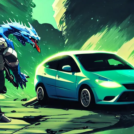 Image similar to blue knight in a green hatchback car vs dragon, close up, anime, desert landscape, greg rutkowski, Murata, one punch man manga,