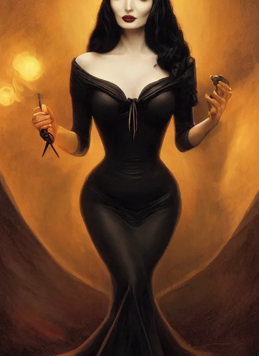 Prompt: ana de armas as morticia addams, masterpiece, intricate, elegant, highly detailed, digital painting, pinup, ethereal, atmospheric, artstation, concept art, smooth, sharp focus, illustration, art by artgerm and greg rutkowski gil elvgren and sachin teng, symmetry!!
