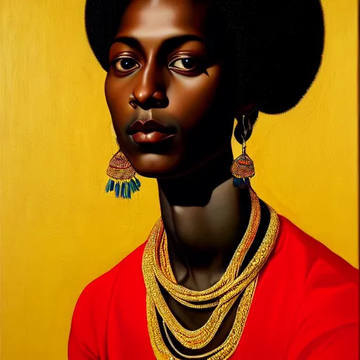 Prompt: A portrait of a skinny stylish and beautiful non-binary person, dark skin tone, Indian, oil painting by Kehinde Wiley, majestic, detailed, high resolution