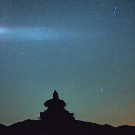 Image similar to Film still of silhouette of indian statue, sukhasana, starry sky, flying saucer, ufo, ufo, ufo, with radiating hill, full shot