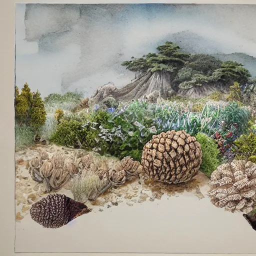 Prompt: delicate coastline mountain garden on paper, stony, puffy, botanical herbarium, botanic watercolors, iridescent, 8 k wide angle, realistic shaded, fine details, artstation, italian, colonnade, oak, pinecone, pomegranade, vines, gardena architecture, pompeian, sicilian