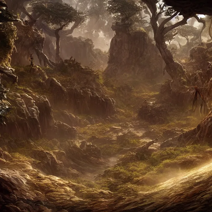 Image similar to a fantasy realm split down the middle with a forest on one side and a desert on the other, fantasy concept art, rendered in unreal engine, highly detailed, cinematic lighting, intricate, fantastical, video game cinematic, trending on artstation