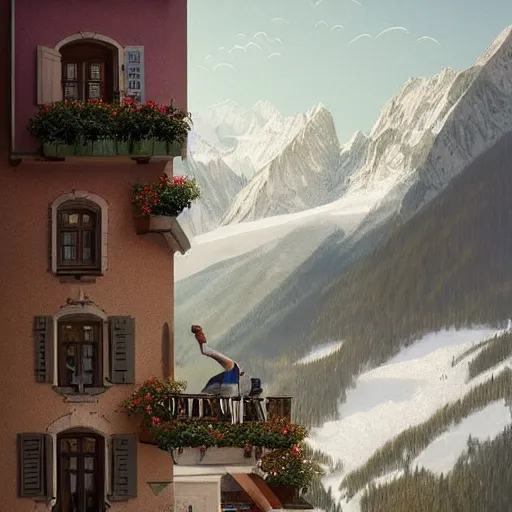 Prompt: Poetic sequence in Mr. Clean, a movie by Wes Anderson starring Adrian Brody. Adrian Brody tries to clean the windows of a large hotel in the Alps with mountain in the background. Elegant, intricate, digital painting, artstation, concept art, smooth, sharp focus, illustration, art by artgerm and greg rutkowski and alphonse mucha