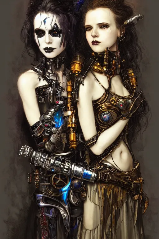 Image similar to portrait of two beautiful young gothic cyborg maidens, cyberpunk, Warhammer, kiss, highly detailed, artstation, illustration, art by Gustav Klimt