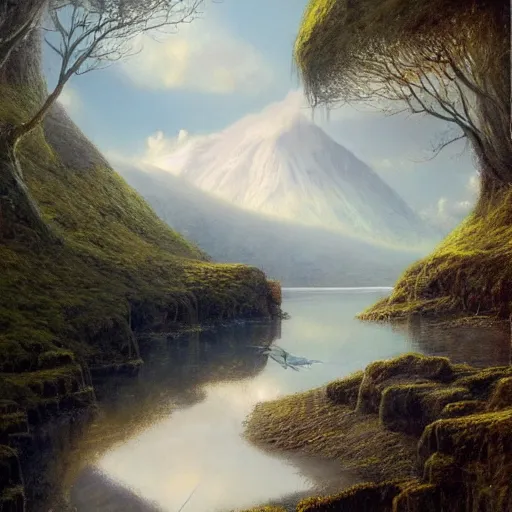 Image similar to beautiful serene fantasy landscape by alan lee, smooth, detailed terrain, oil painting, matte painting concept art, trending on art station