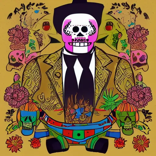 Image similar to manny calavera from grim fandango, game concept art, flat colours, bright colours, mexican day of the dead festival background by peter chan, artstation,