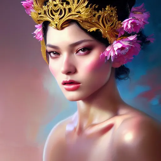 Prompt: realistic expressive oil painting, of alluring european princess, seductive look, smooth glowing skin, glistening body, love, adoration, ornate headpiece made from flowers, glamour shot, by yoshitaka amano, by greg rutkowski, by jeremyg lipkinng, by artgerm and sue bryce, digital art, octane render