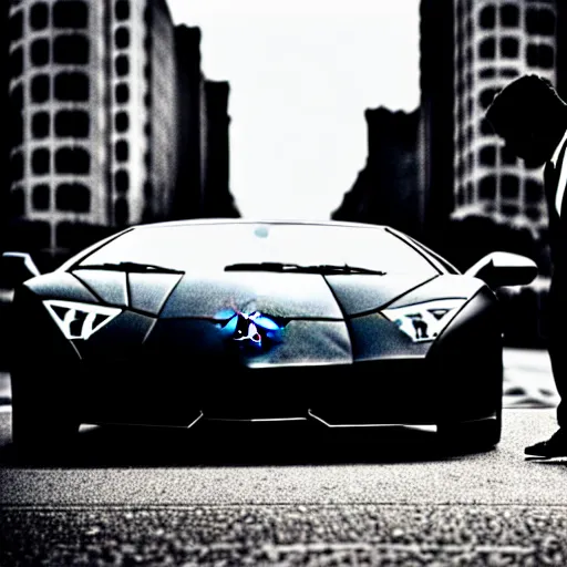 Image similar to black and white press photograph of a man in a suit pushing a lamborghini that is out of gas on a busy city street, sideview, detailed, natural light, mist, film grain, soft vignette, sigma 5 0 mm f / 1. 4 1 / 1 0 sec shutter, imax 7 0 mm footage