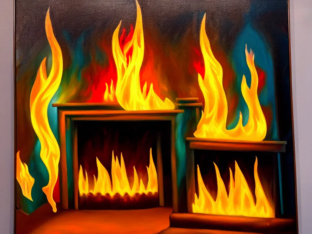 Prompt: oil painting of a fireplace with an ice sculpture inside it, dancing flames, and pictures hanging on the wall next to it, imagined reality with abstraction, absorb comical, minimal shading, hard outlines, light and medium values