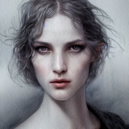 Image similar to character portrait, lean face, cinematic lighting, glowing grey eyes, hyper - detailed, 4 k, high resolution, in the style of charlie bowater, tom bagshaw, single face, symmetrical, headshot photograph, insanely detailed and intricate, beautiful, elegant, watercolor, cinematic, portrait, raphaelite, headroom, pierre - auguste renoir