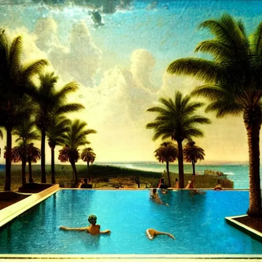 Prompt: Balustrade party, thunderstorm, greek pool, beach and palm trees on the background major arcana sky, by paul delaroche, magazine photo from 2007, hyperrealistic 8k, very detailed