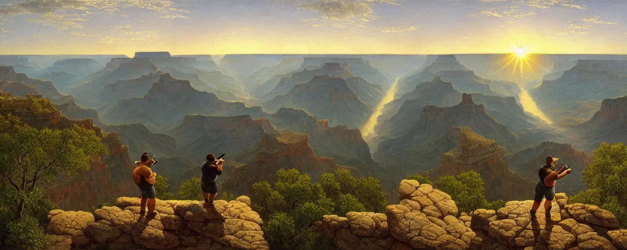 Prompt: romantic painting, wide shot of a chubby man in wearing a t - shirt and jorts ( looking at his cellphone )!!!!!! in front of a the grand canyon at sunrise, highly detailed, sublime, hyperrealistic, painted by caspar david friedrich and albert bierstadt, trending on artstation 8 k